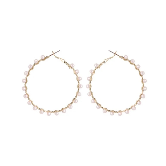 New Gold Faux Pearl Hoop Circle Earrings - Picture 2 of 3